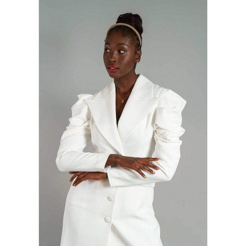 Thumbnail of Draped Sleeved Tailored Blazer Dress - White image