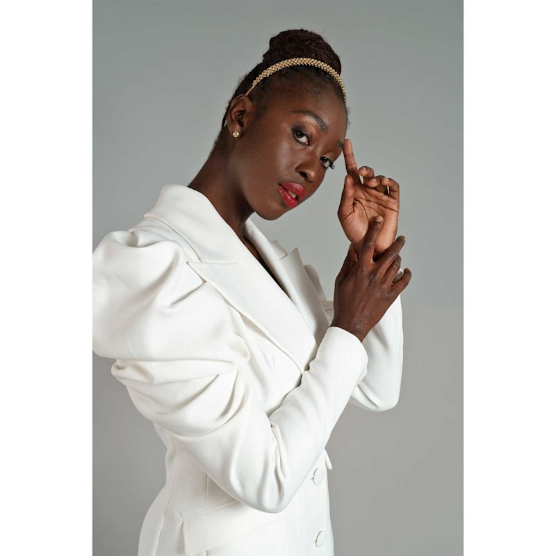 Thumbnail of Draped Sleeved Tailored Blazer Dress - White image