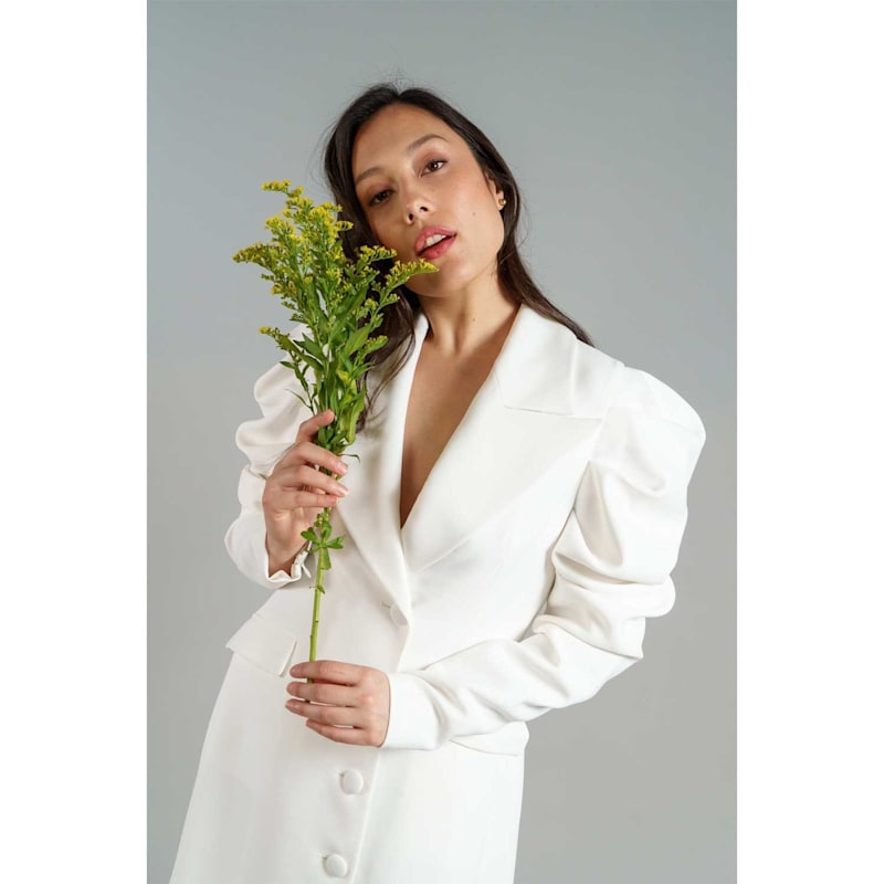 Thumbnail of Draped Sleeved Tailored Blazer Dress - White image