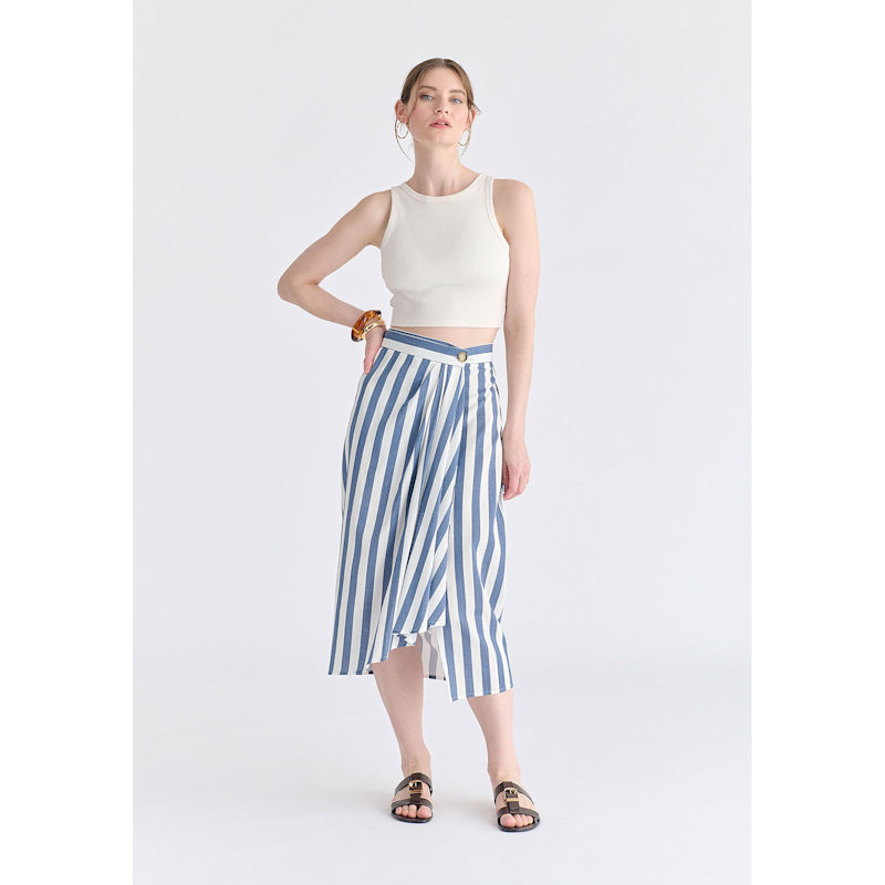 Thumbnail of Draped Wrap Midi Skirt In Blue And White image