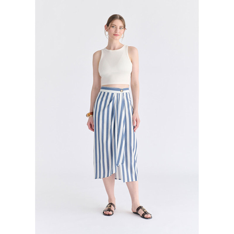 Thumbnail of Draped Wrap Midi Skirt In Blue And White image