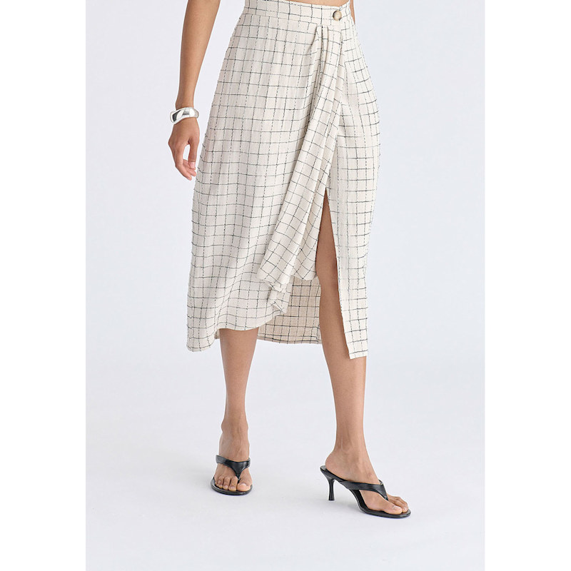 Thumbnail of Draped Wrap Midi Skirt In Oatmeal And Black image