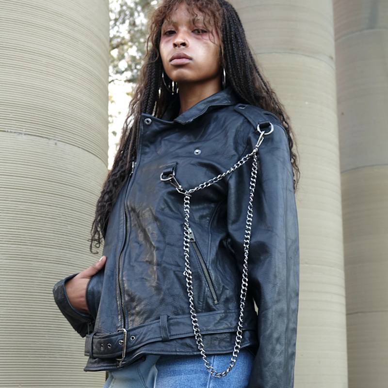 Thumbnail of Dreamers Women  Zipper Biker Leather Jacket With Chains image