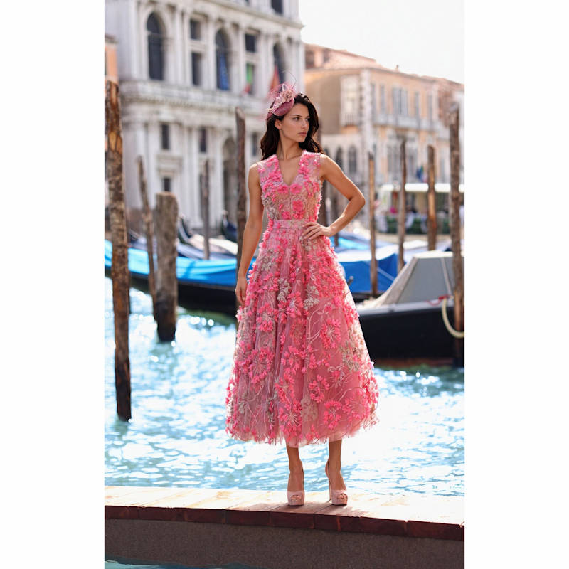 coral cocktail dress with sleeves Hortensia Detachable Midi by MATSOUR'I Size:57 (6'0