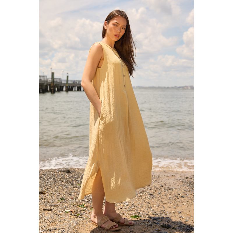 chinese dress ladies Black Crane Linen Pleated Cocoon Dress in Mustard