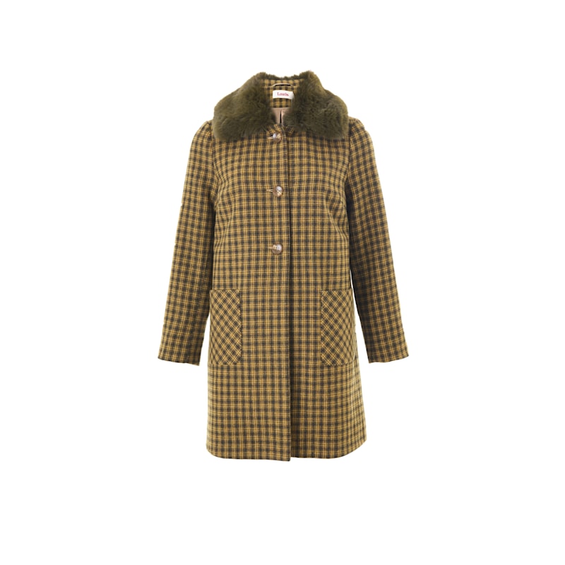 Dryden Wyoming Check Faux Fur Collar Coat - Mustard | Louche