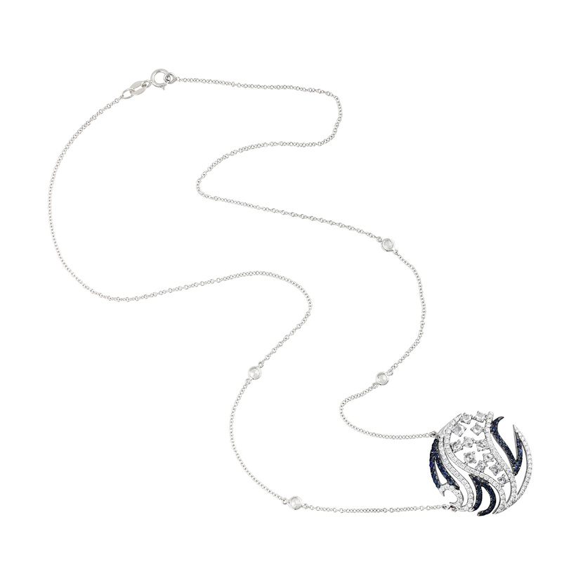 Thumbnail of Diamond & Blue Sapphire Statement Pendant Necklace in 18K White Gold image