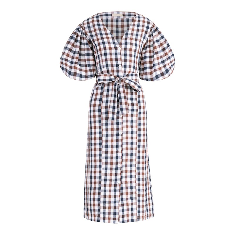 Meghan Gingham Linen Midi Dress - Brown | Brunna.Co | Wolf & Badger