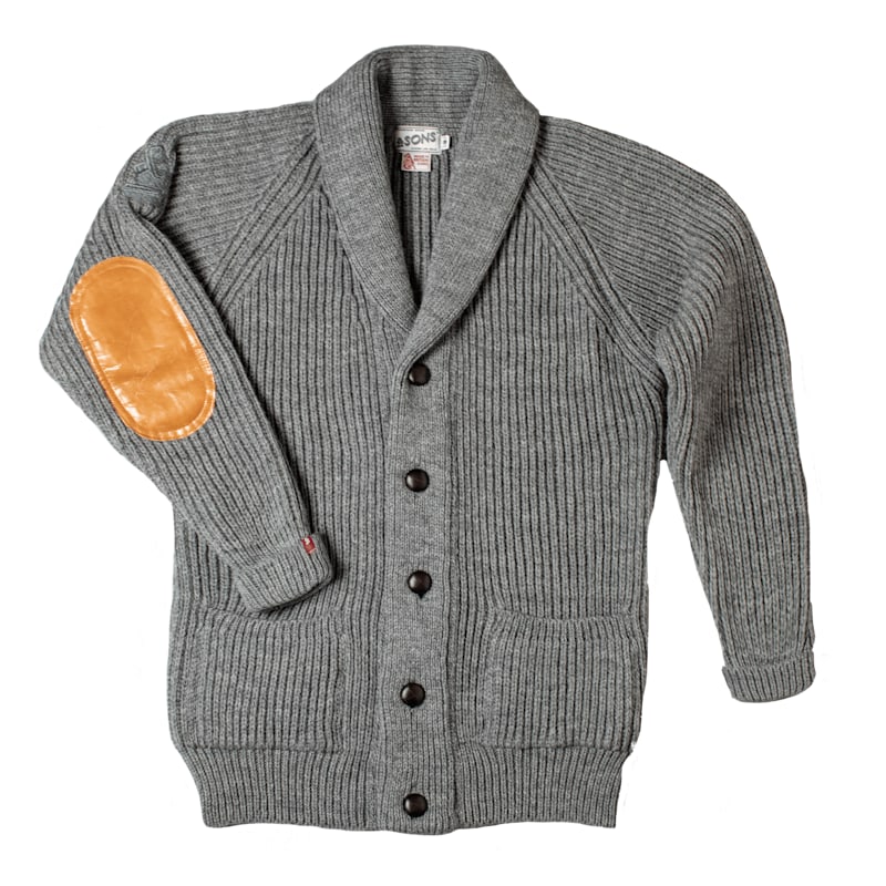 トップス British Made Knit Cardigan Elbow Patch Pioneer British Wool Cardigan Grey | &SONS Trading Co | Wolf & Badger