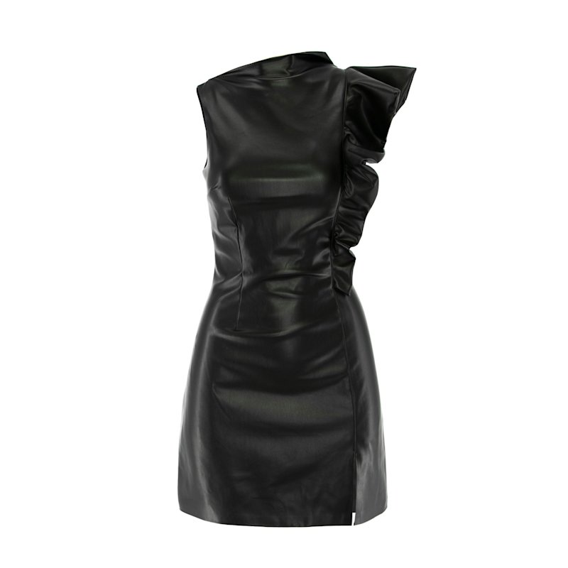 Thumbnail of Eco Leather Asymmetrical Mini Dress With Ruffle image