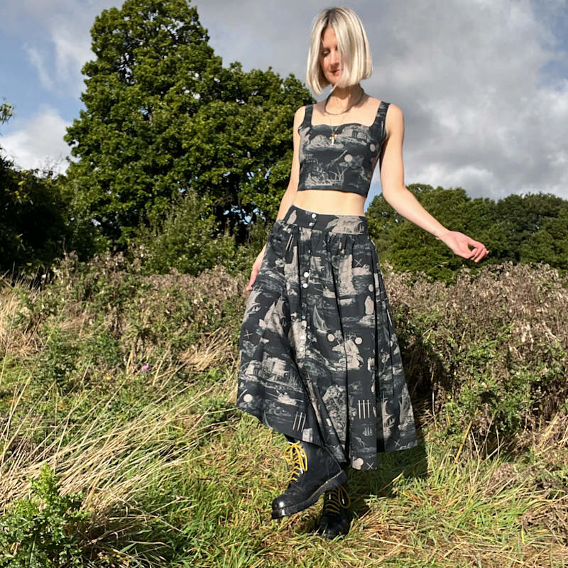 Thumbnail of May Bodice Top In Doomed Voyage Print, Black & Beige image