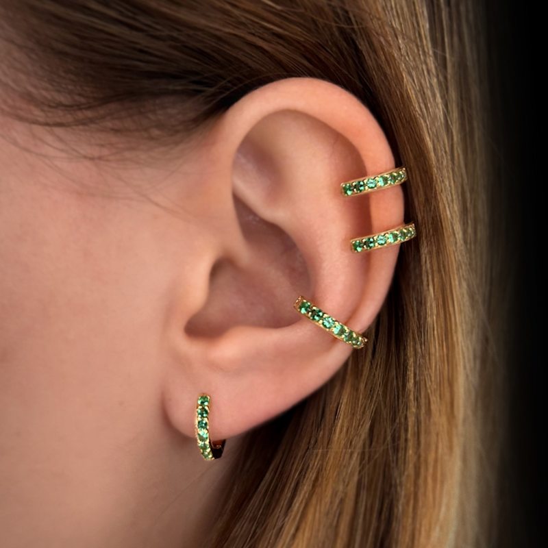 Thumbnail of Light Huggie Earrings With Man Made Emeralds In 18K Gold Vermeil image
