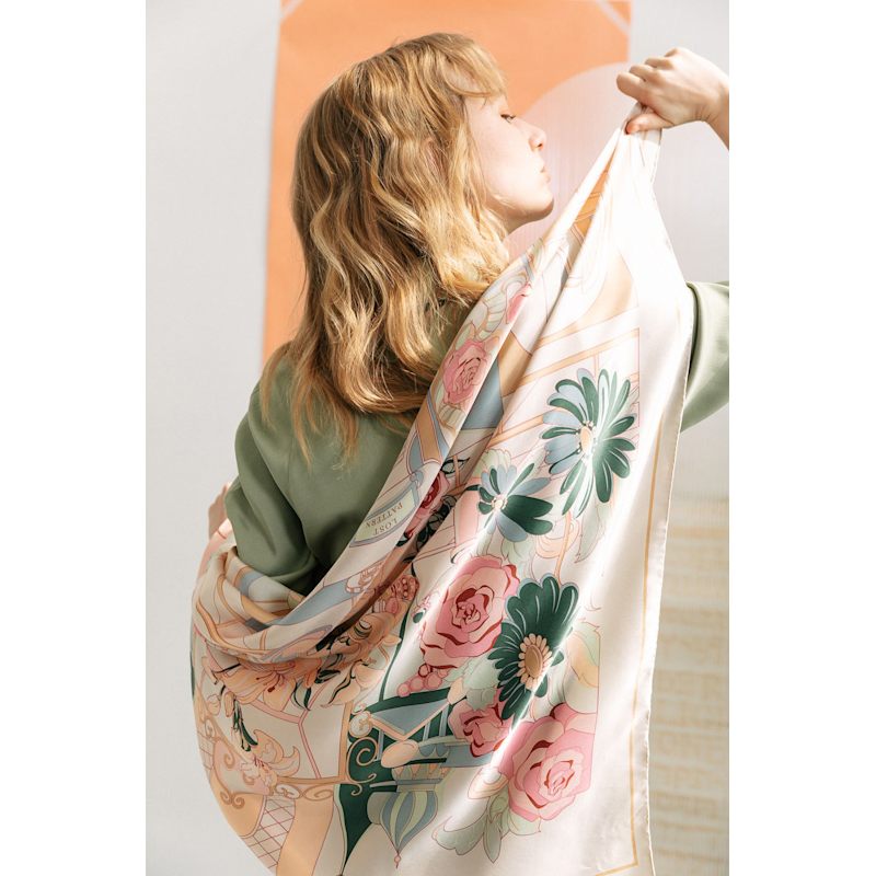Thumbnail of "Vintage Blooms" Large Silk Scarf - Champagne image