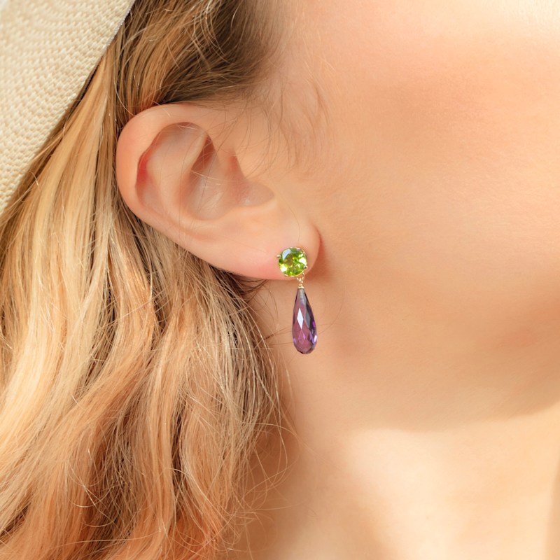 Thumbnail of Purple Amethyst & Peridot Gold Drop Earrings image