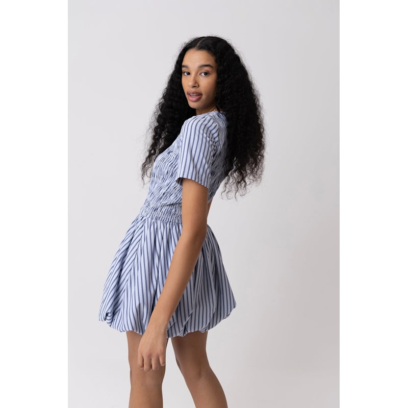 Women's Eleanor Pure Cotton Blue Stripe Mini Puffball Dress | Medium | Amy Lynn