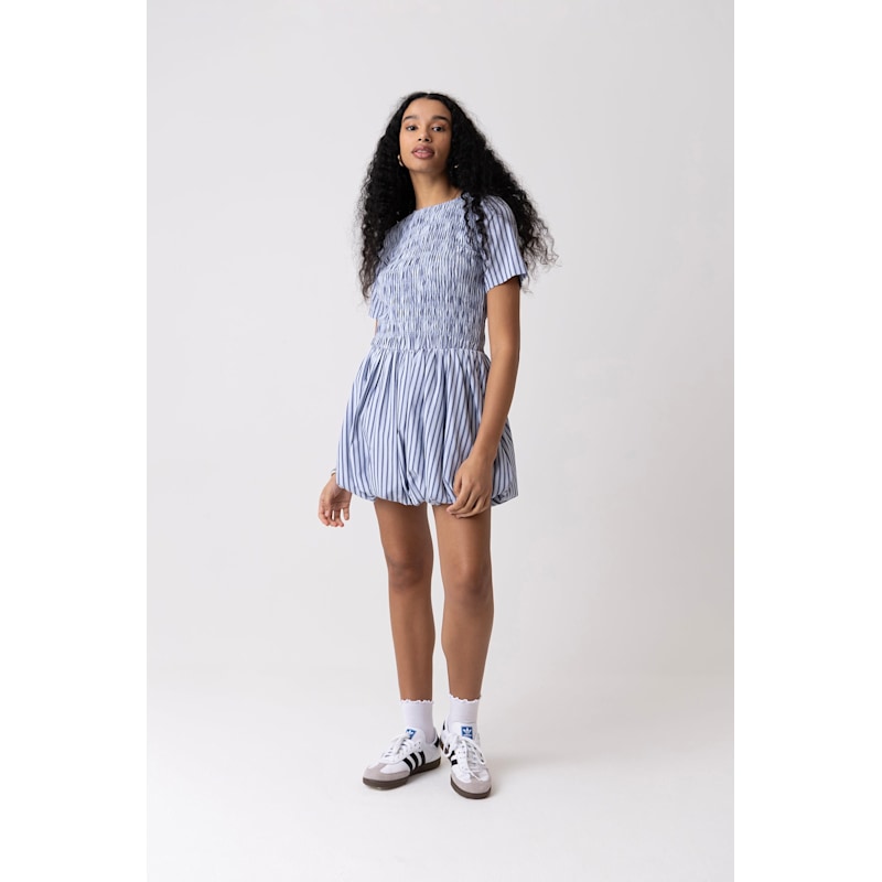 blue stripe mini dress Damson Madder - Leili Ruffle Mini Dress- Mini Blue Stripe main image 0