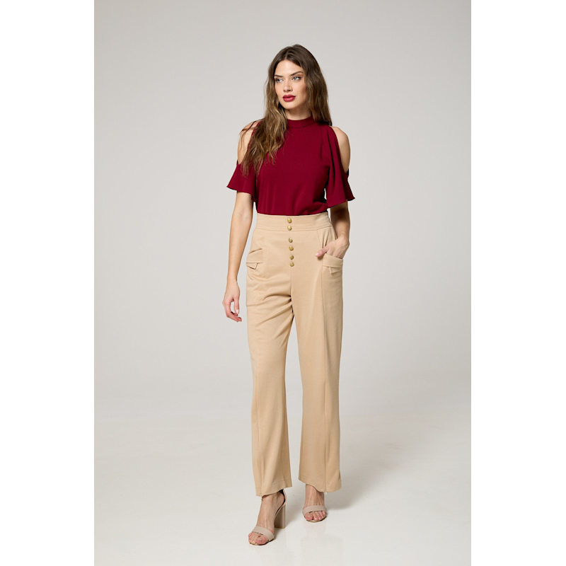 Thumbnail of Cream High-Waist Wide-Leg Trousers With Adjustable Slits image
