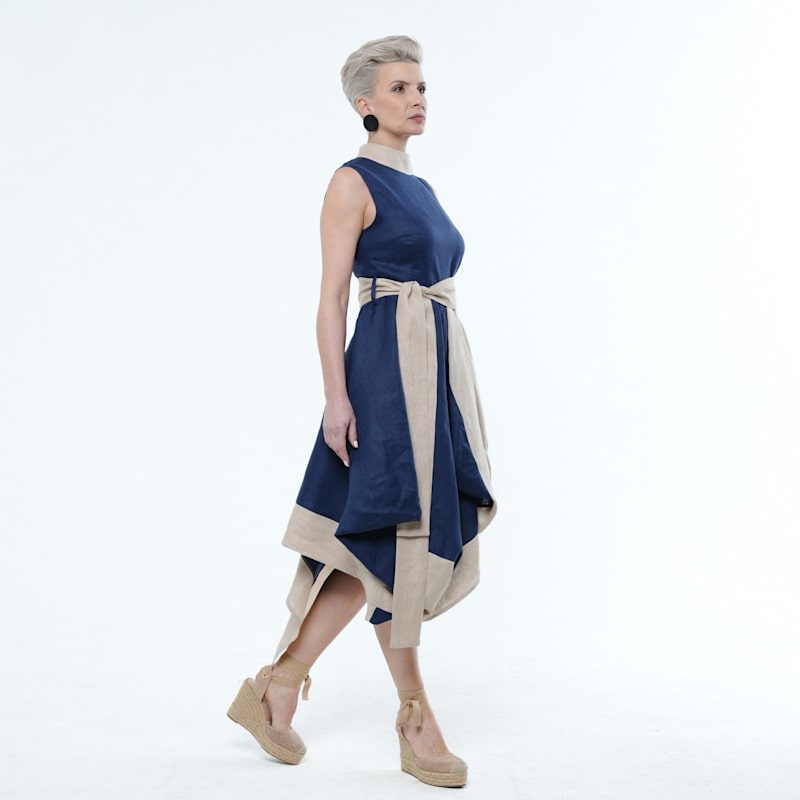 Elegant Linen Dress In Blue And Beige by Metamorphoza