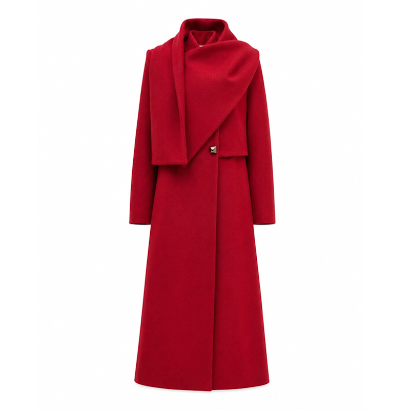 Elegant Long Draped Transformer Mid-Season Coat – Red | Julia