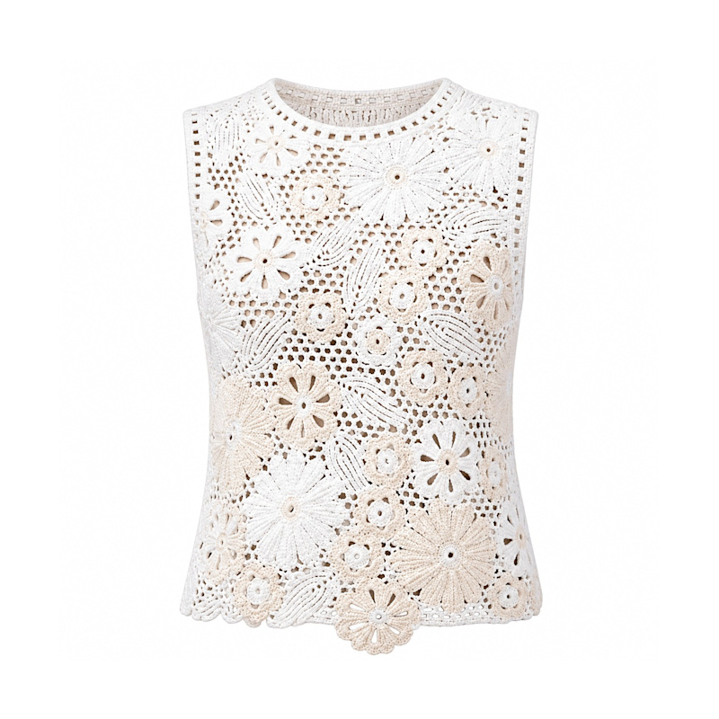 Elegant Macramé Lace Top – Ivory & Beige Floral Crochet Sleeveless