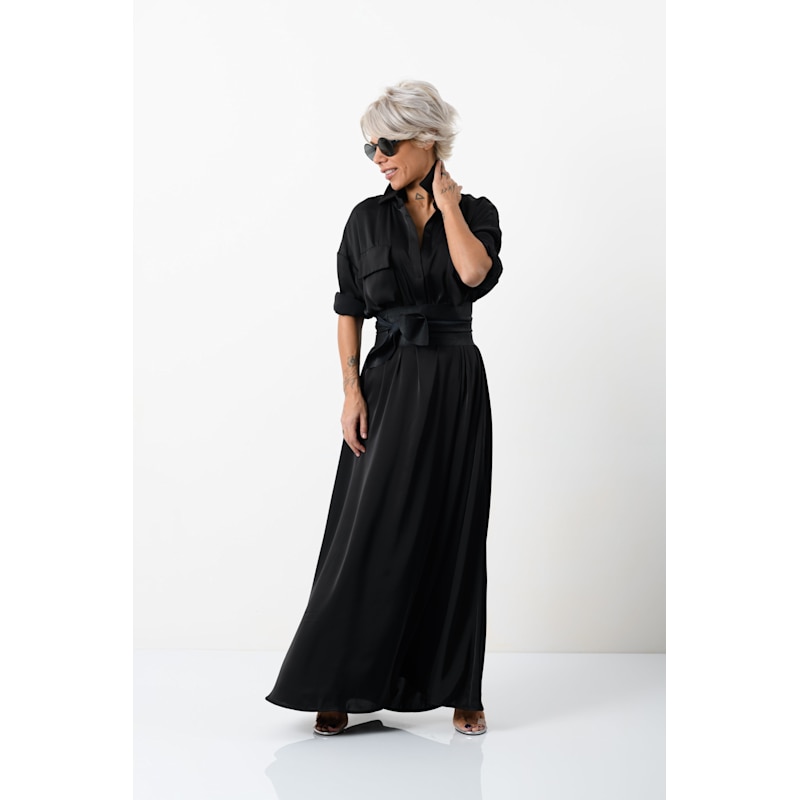 Thumbnail of Elegant Maxi Black Shirt Dress With Vegan Leather Belt image