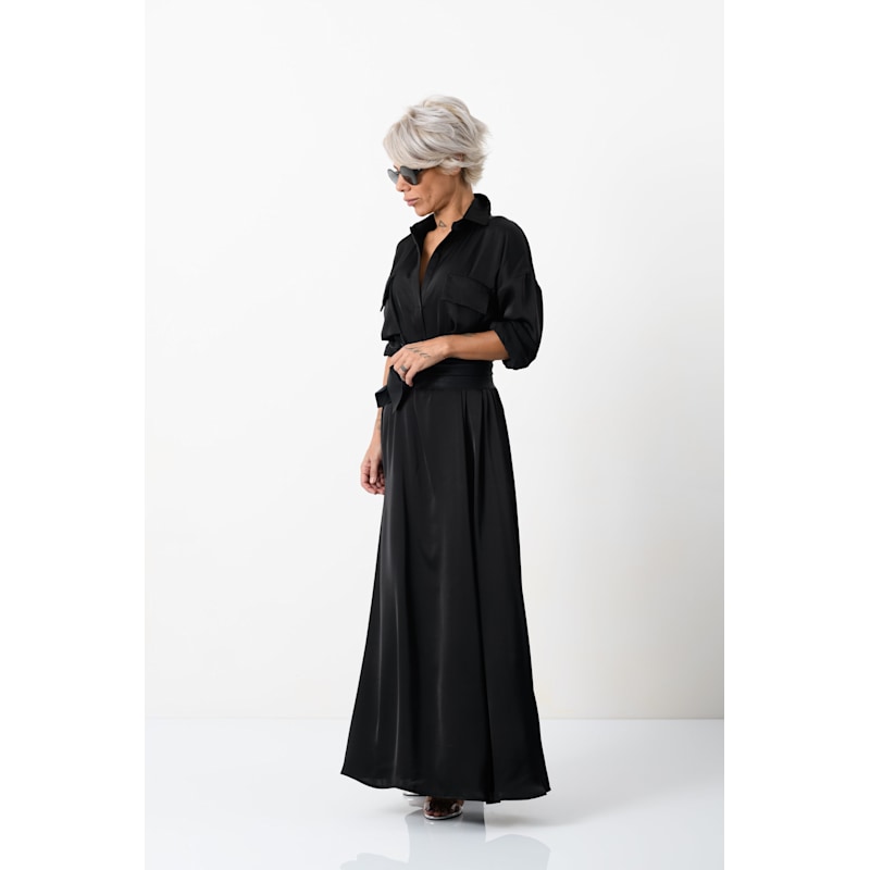 Thumbnail of Elegant Maxi Black Shirt Dress With Vegan Leather Belt image