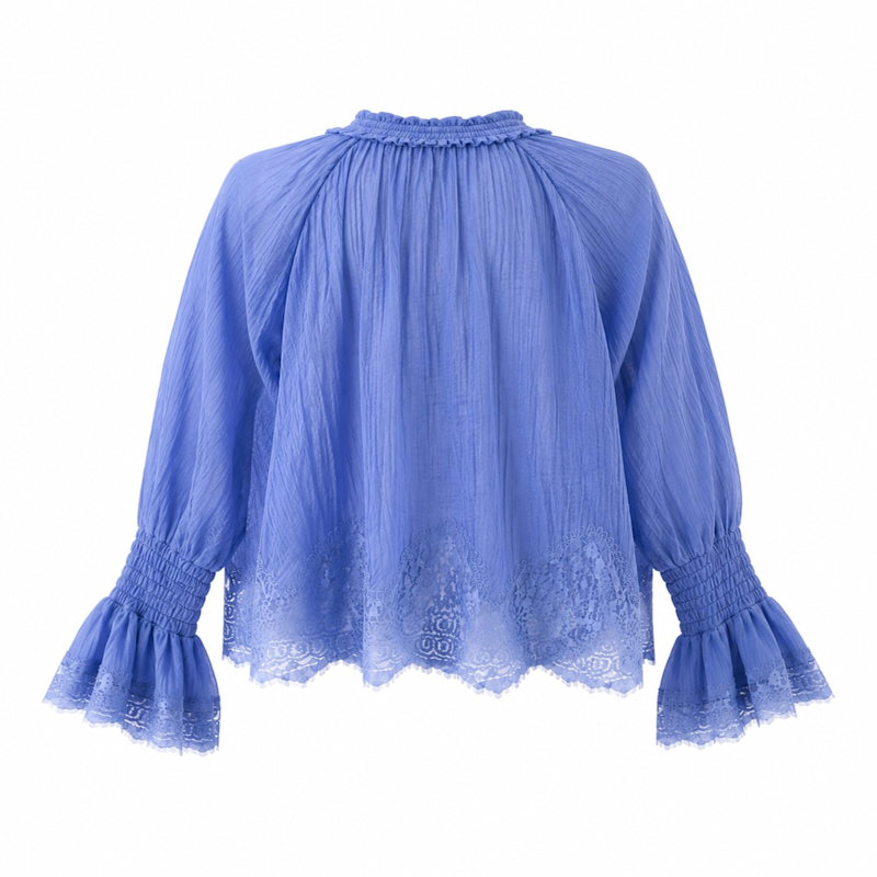 Thumbnail of Elegant Periwinkle Blue Bohemian Blouse With Delicate Lace Embroidery And Romantic Bell Sleeves image