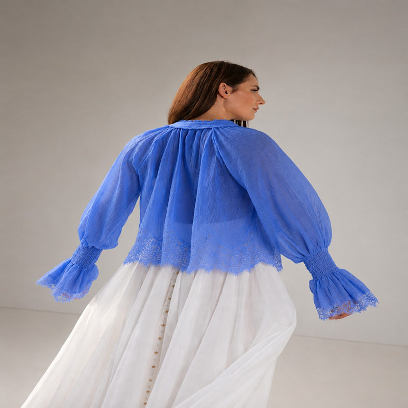 Thumbnail of Elegant Periwinkle Blue Bohemian Blouse With Delicate Lace Embroidery And Romantic Bell Sleeves image