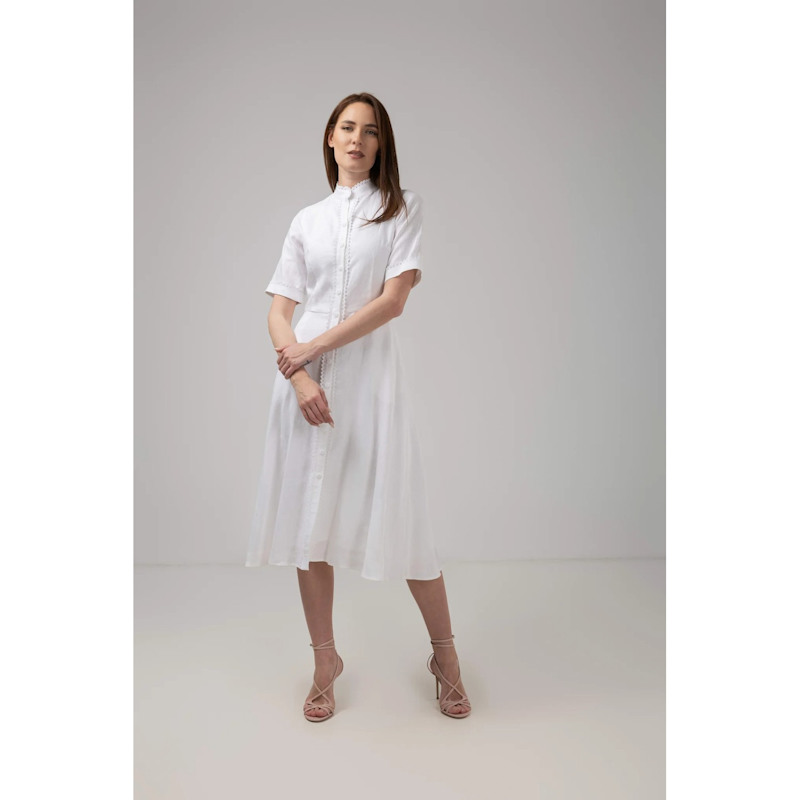 Thumbnail of Elegant White Linen Lace Trim Midi Dress image