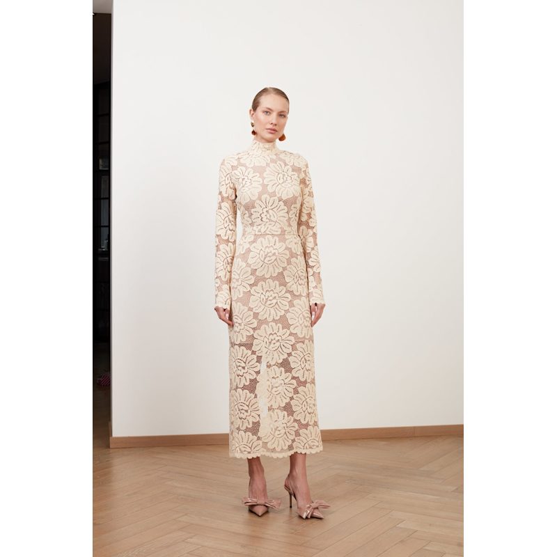 Elena Cream Floral Lace Midi Dress With Turtleneck | UNDRESS