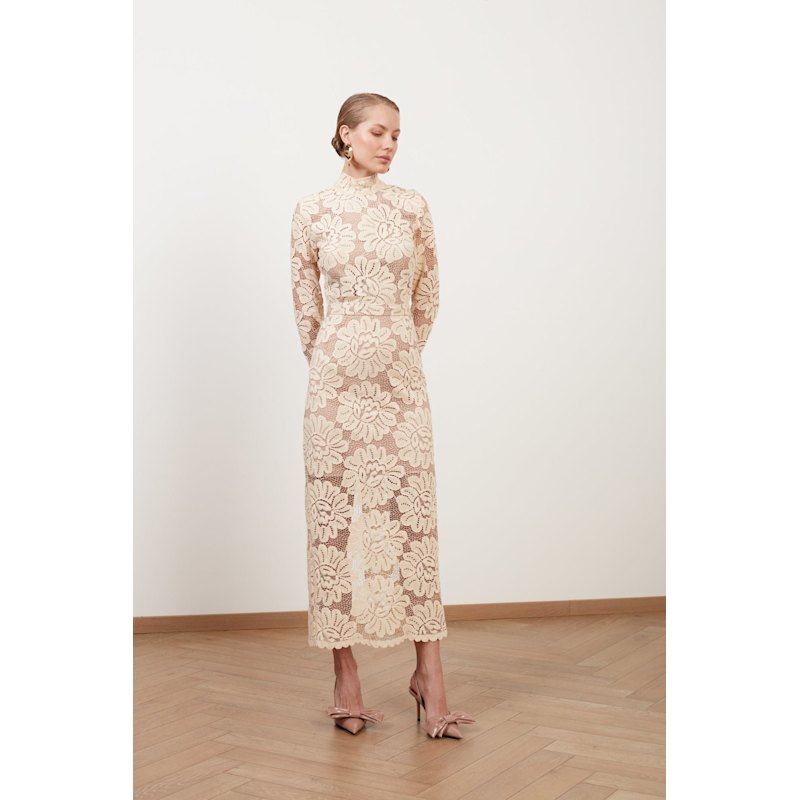 Elena Cream Floral Lace Midi Dress With Turtleneck | UNDRESS