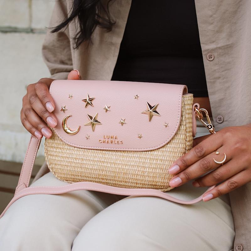 Thumbnail of Elena Star Studded Rattan Handbag | Pink & Gold image