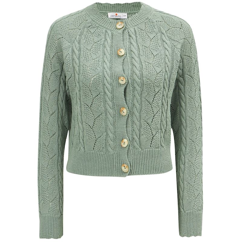Ella Cable Knit Openwork Cropped Cardigan - Nile Green | Peraluna