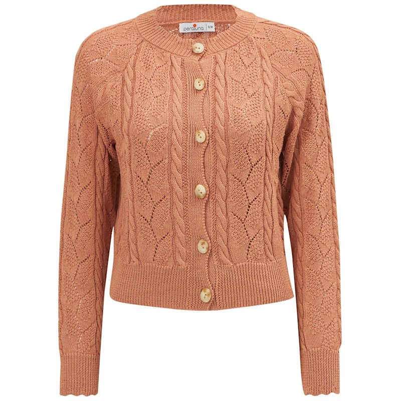 ORR オル 韓国 Spring Wool Pique Knit 完売 Ella Cable Knit Openwork Cropped Cardigan - Salmon | Peraluna