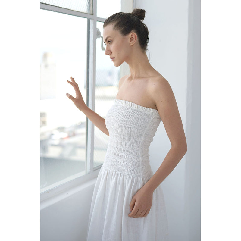 Nuaje Nuaje Elle Strapless Smocked Linen Maxi Dress - White