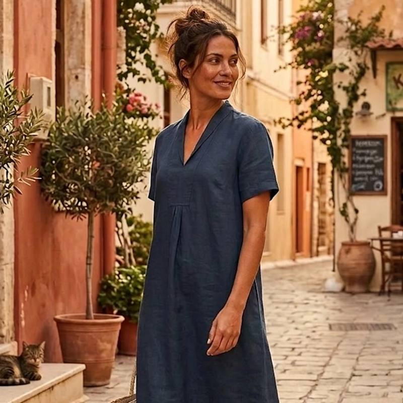 knee length dresses for ladies Classic Sleeveless Navy Linen Midi Dress – V-Notch Neckline – 2593 –  Xiaolizi main image 1