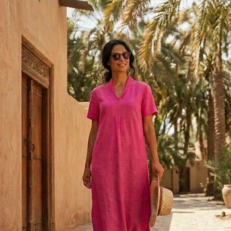 Thumbnail of Elodie Short Sleeve Midi Dress Linen - Peony Pink image
