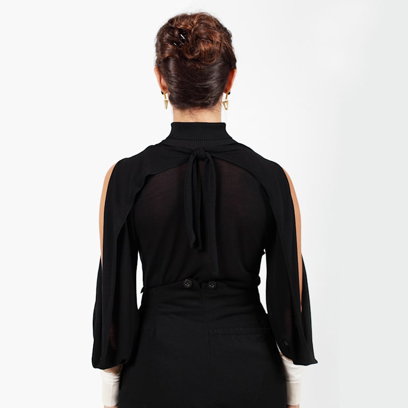 Thumbnail of The Elsa Top, Our Black Cold Shoulder Evening Superfine Deco Knit Top image
