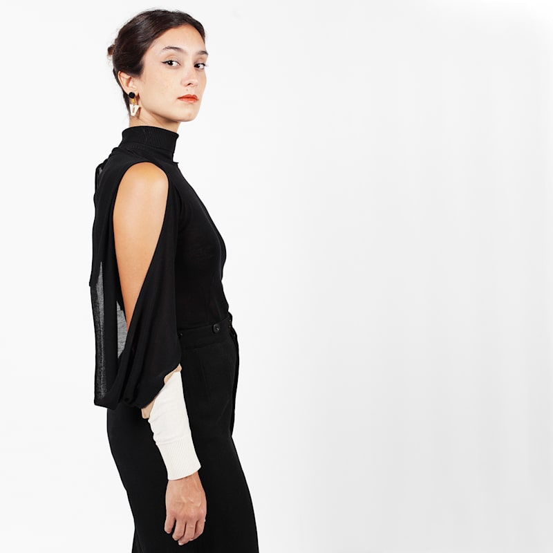 Thumbnail of The Elsa Top, Our Black Cold Shoulder Evening Superfine Deco Knit Top image