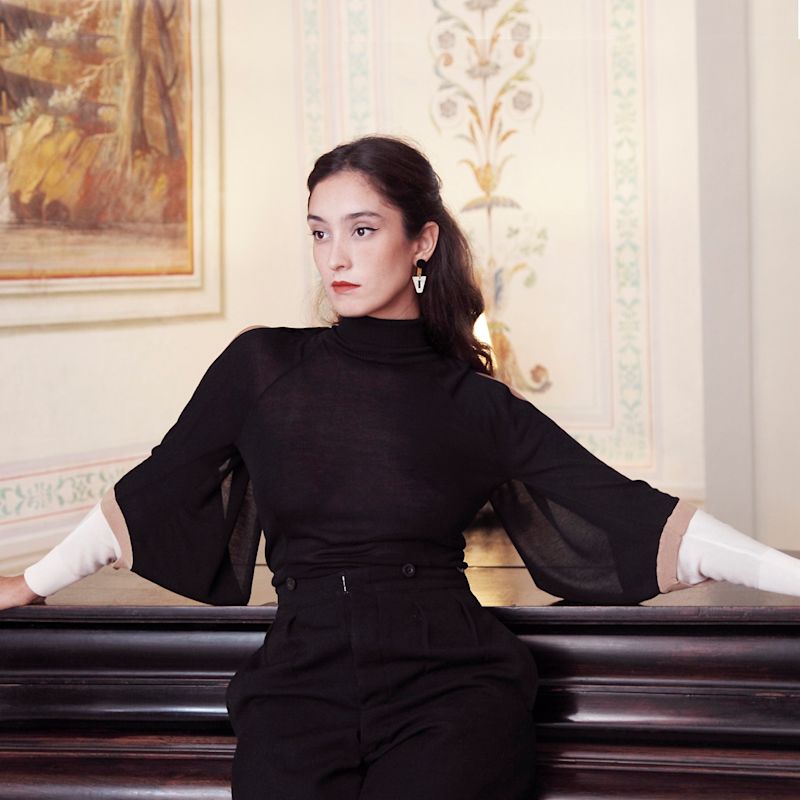 Thumbnail of The Elsa Top, Our Black Cold Shoulder Evening Superfine Deco Knit Top image