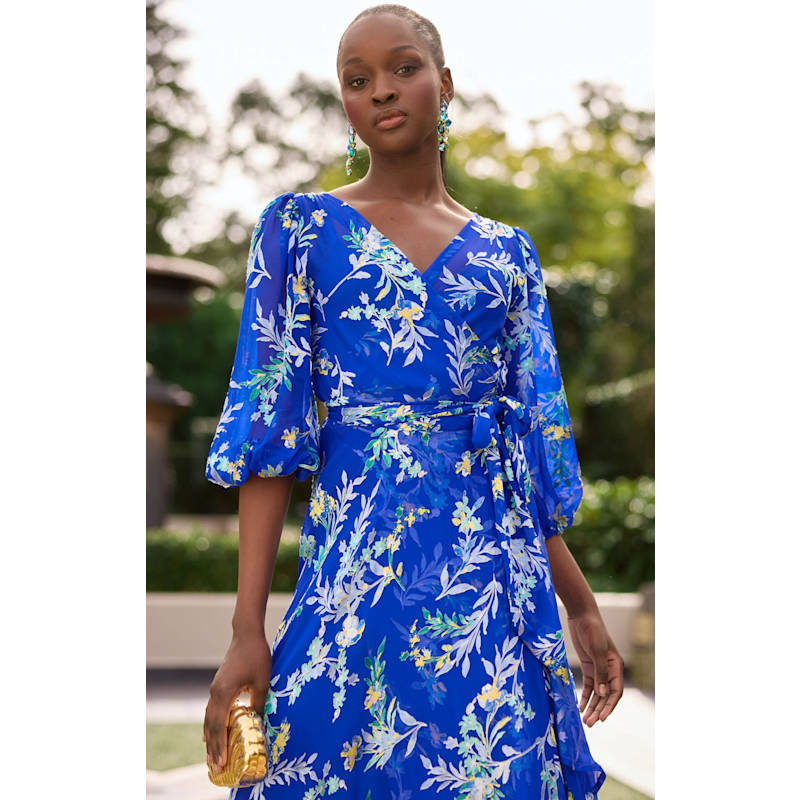 Elspeth Silk Rayon Wrap Midi Dress In Sapphire Floral | SACHA
