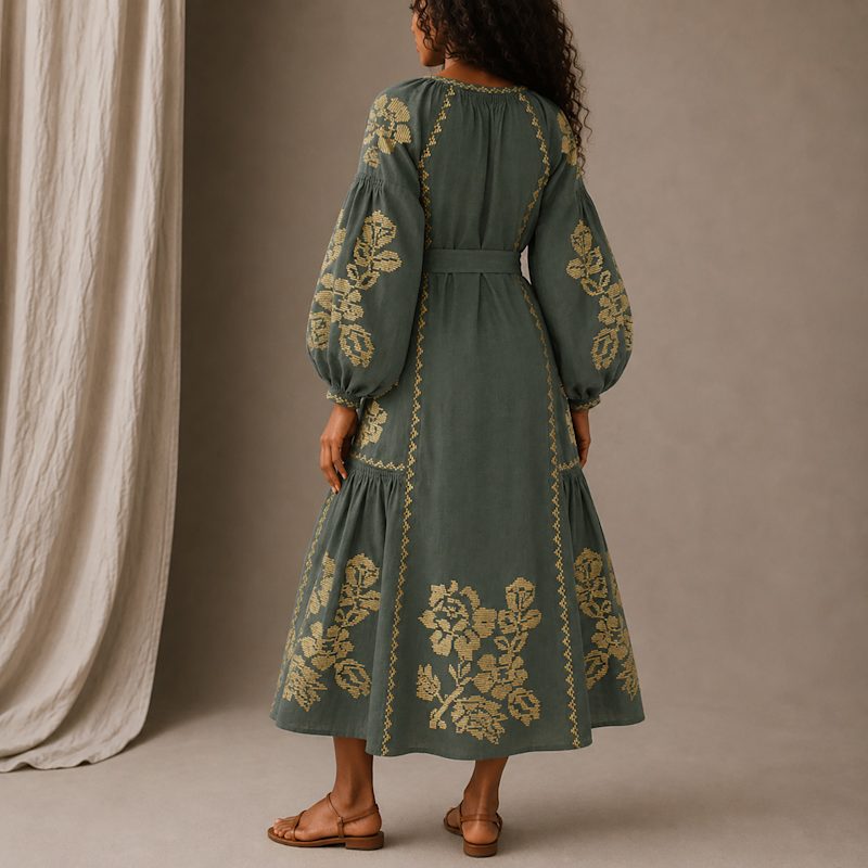 Thumbnail of Elysian Garden Green Linen Midi Dress image