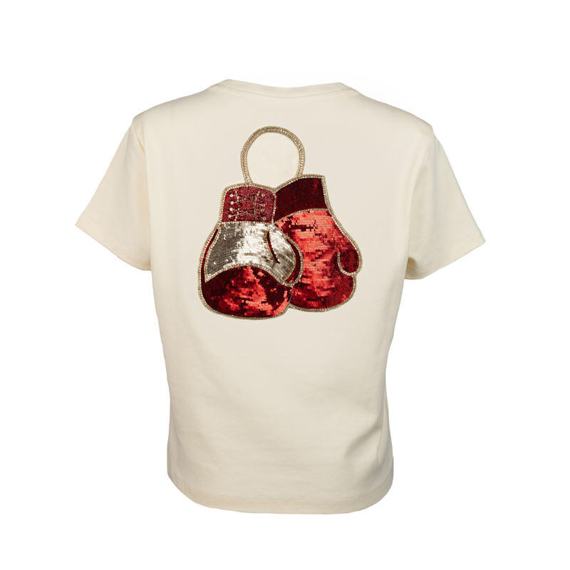 Embellished Boxing Gloves T-Shirt Cream by LAINES LONDON
