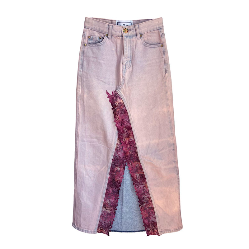 Embellished Denim Skirt In Purple And Burgundy Lace by L2R THE LABEL