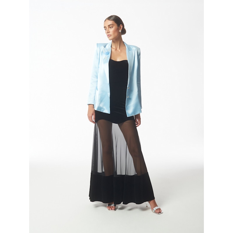 Thumbnail of Floral Applique Crystal Embellished Satin Blazer Jacket In Baby Blue image