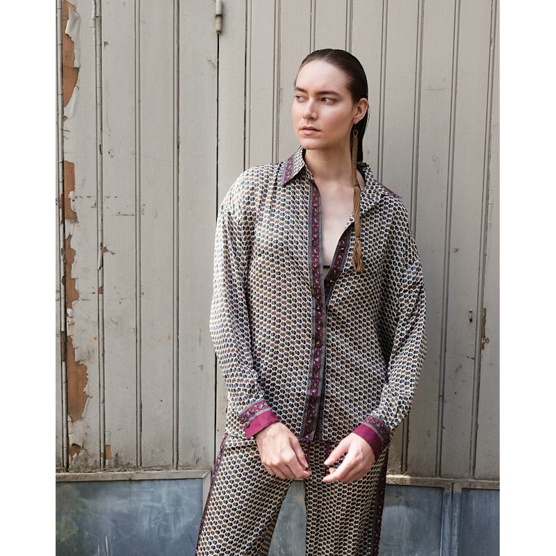 Thumbnail of Embossed Botanic Long Sleeve Crepe Shirt - Forest Plum image