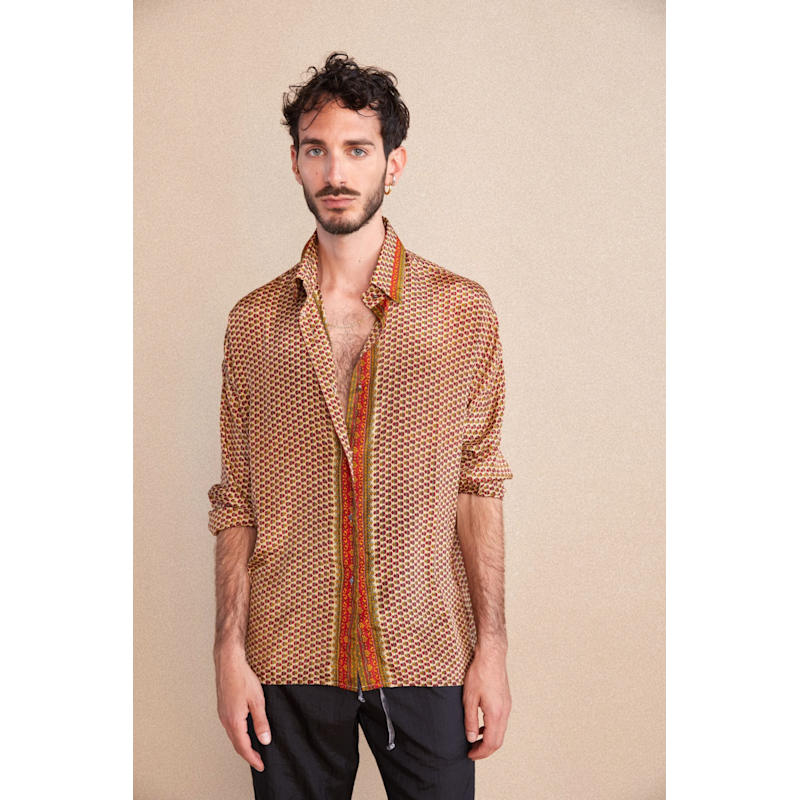 Embossed Oriental Motif Long Sleeve Shirt - Burnt Sienna