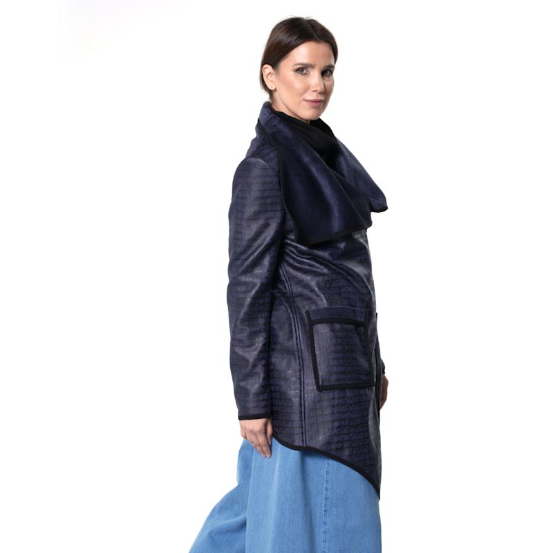 Thumbnail of Navy Croc-Effect Asymmetric Zip Coat With Draped Collar image