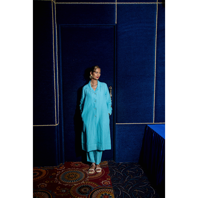 Thumbnail of Embroidered Gertrude Coat Dress Linen Blue image