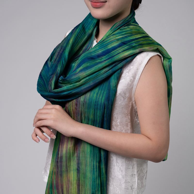 Thumbnail of Emerald & Violet Brushstroke Silk Scarf – Hand-Dyed Mulberry Silk Shawl, Evening Wrap image